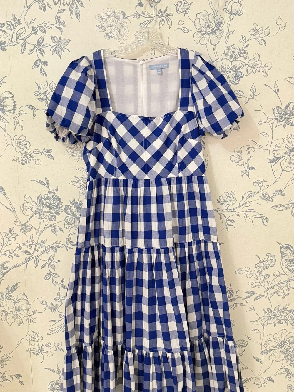 ANTONIO MELANI Blue and White Gingham Puff-Sleeve Midi Dress - Picture 3 of 6